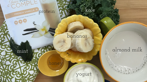 bananas almond milk honey protein mix yogurt kale mint