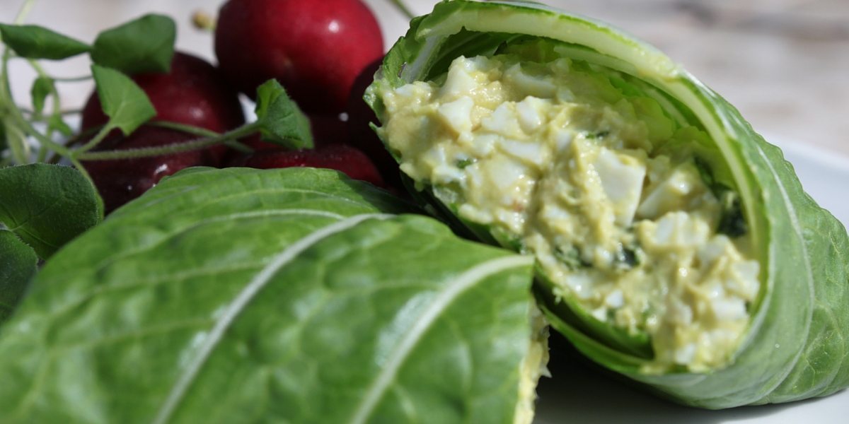 egg salad wrapped in bok choy with cherries